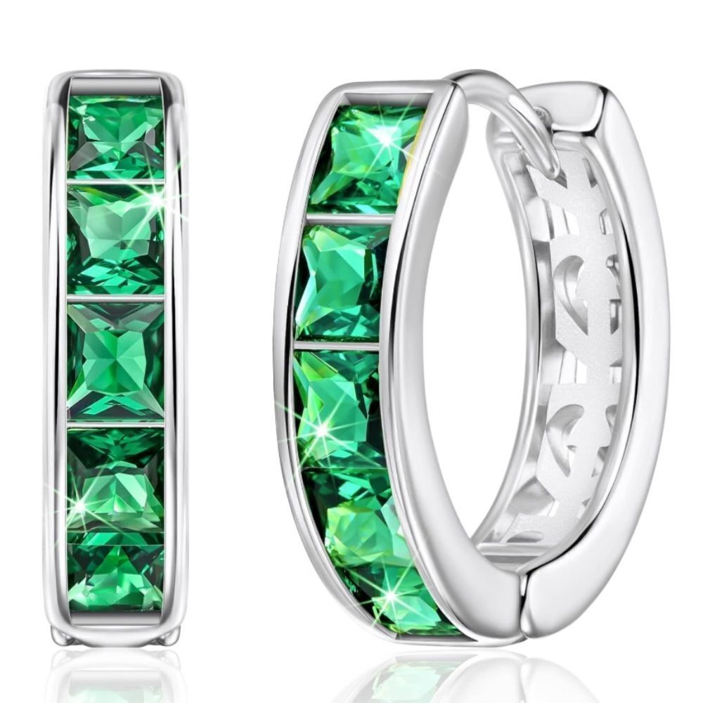14K White Gold with Emerald Green Cubic Zirconia Princess Cut Huggie Earrings
